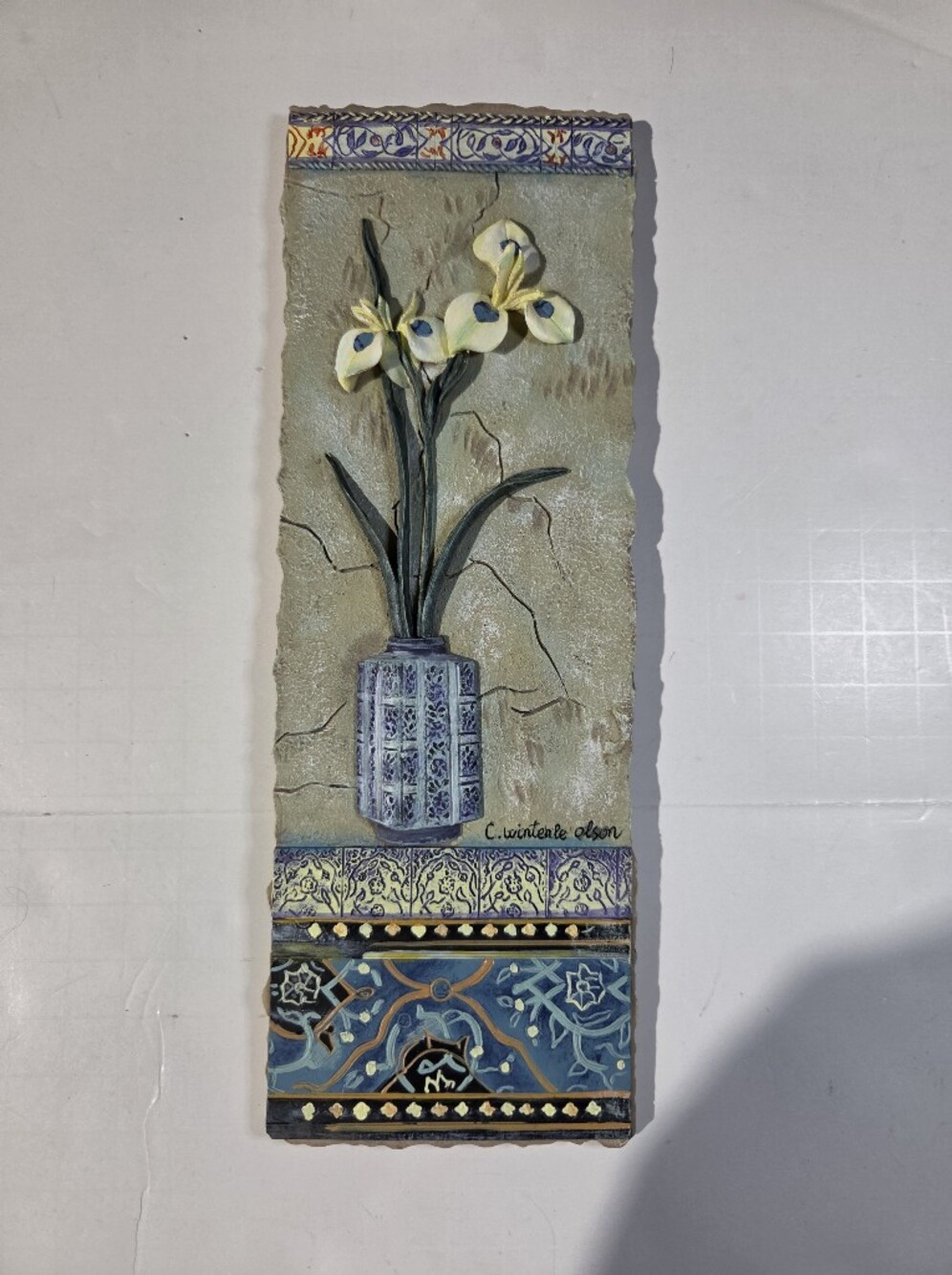 Wall Art Tile Panel with Yellow Calla Lilies in Blue Vase By C. Winterle Olson